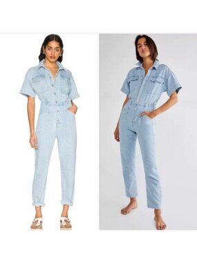 Free People We The Free Denim Utility Jumpsuit Light Wash Short Sleeve XS